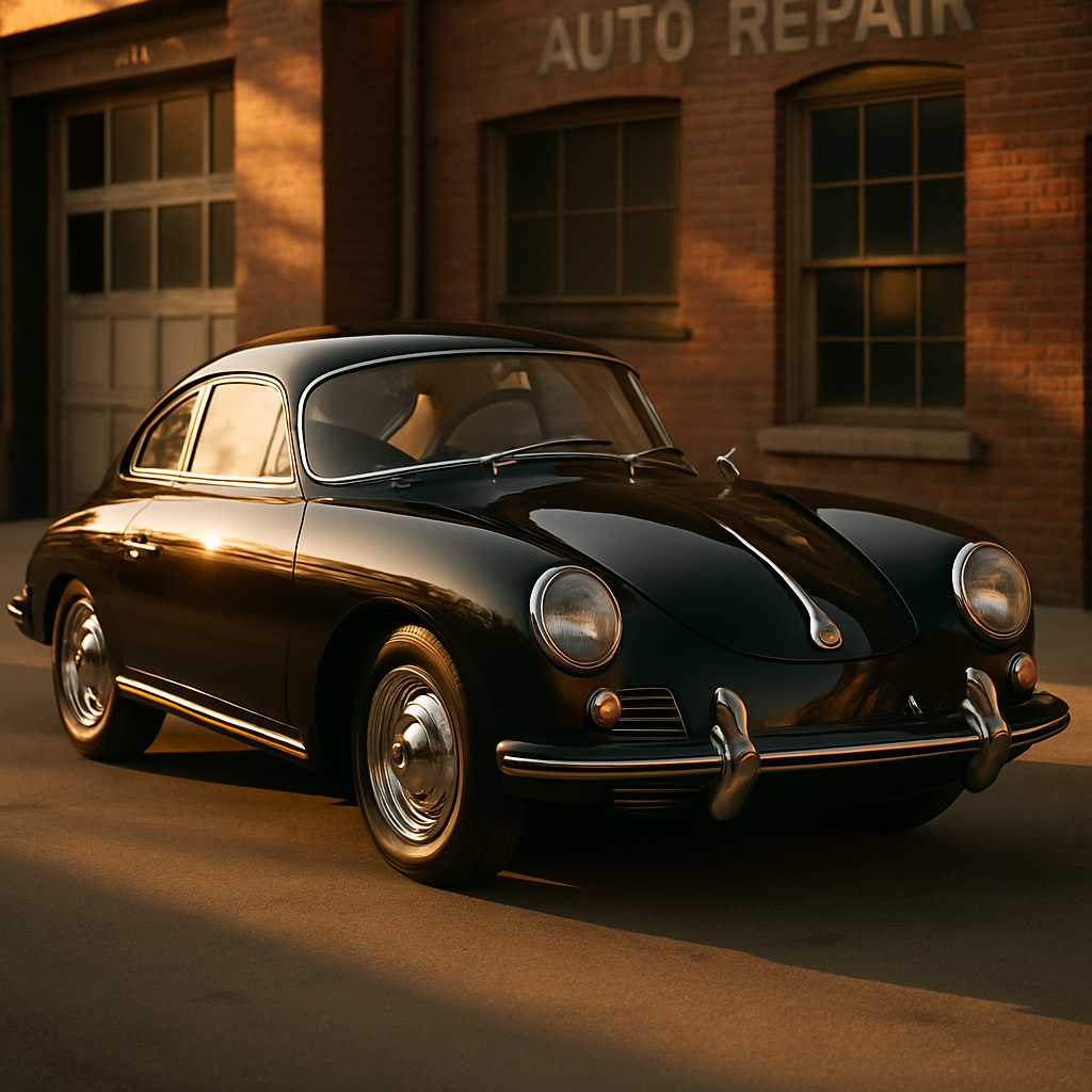 Realistische HighEndAutomotiveFotografie eines Porsche 356 Ende 1950er seitliche Dreiviertelansicht elegantes Licht wie in golden hour Lack glnzt fein