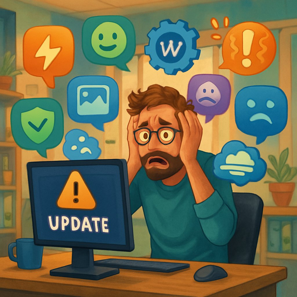 Stellen Sie sich ein lebhaftes kreatives Bro vor in dem ein Entwickler an einem Computer sitzt und Angst vor einem Update hat umgeben von schwebenden