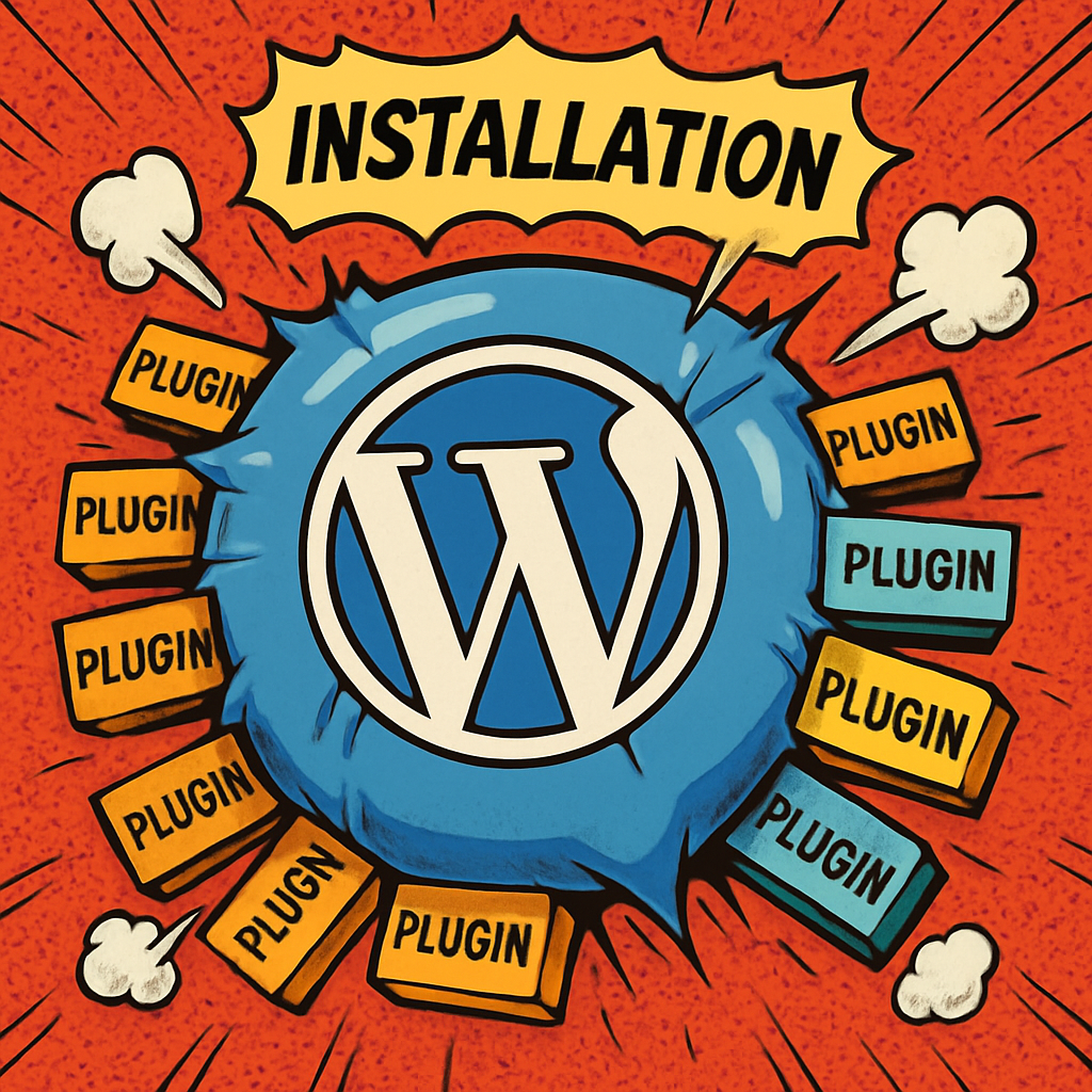 comicbook Erstelle mir eine Grafik die eine WordPress Installation zeigt die mit vielen Plugins vollgestopft ist und daher bald aus allen Nhten platzt-1