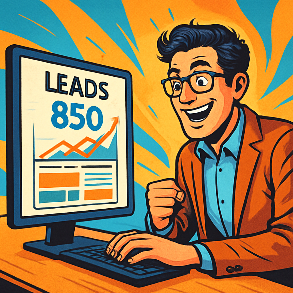 comicbook Stellen Sie sich einen glcklichen Marketer vor einem Computer vor auf dem eine Statistik zu sehen ist anhand der zu erkennen ist wie viele L