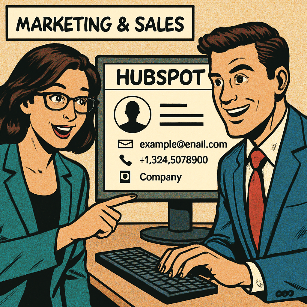 comicbook Zeige zwei Mitarbeiter einer Marketing und Sales Abteilung die sich einen Kontaktdatensatz im HubSpot Backend anschauen