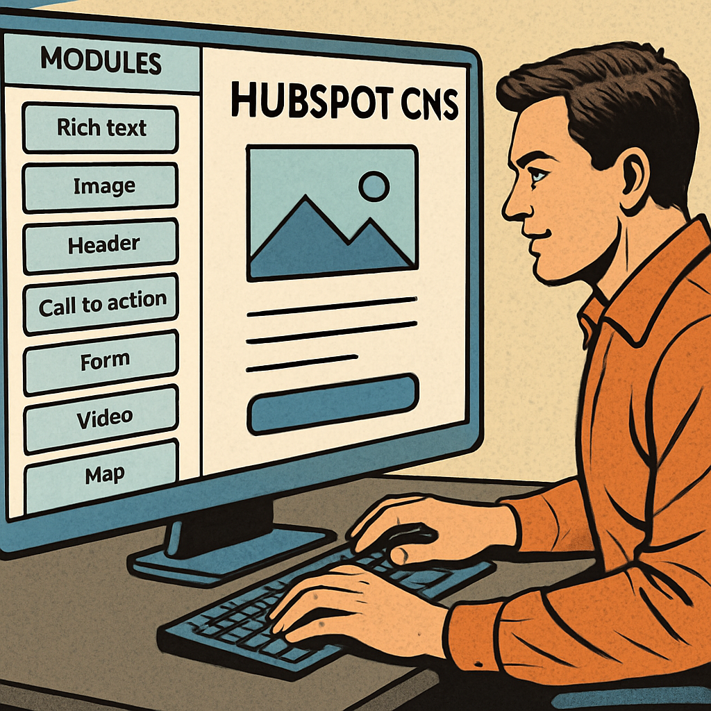 comicbook Zeigen Sie einem Marketer der im HubSpot CMS eine Seite erstellt Auf der linken Seite ist eine Modulauswahl zu sehen-1